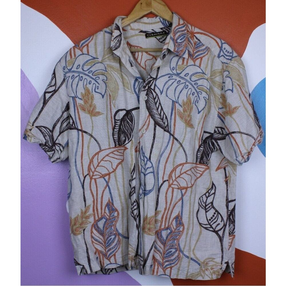 Cubavera Linen Shirt Mens XL Tropical FloralButton Down Light Brown Cotton
